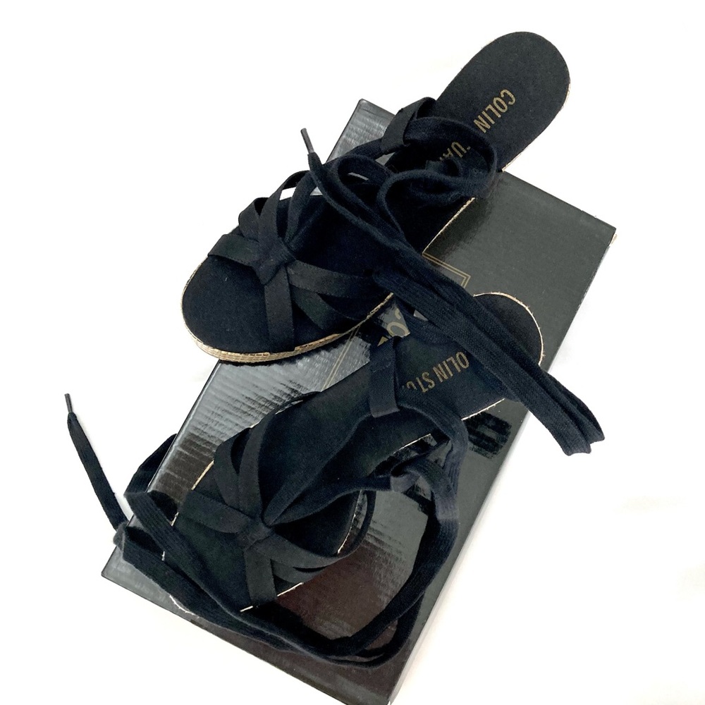 Ankle-wrap black wedges sandals. Victoria's Secret brand. - Picture 3 of 8